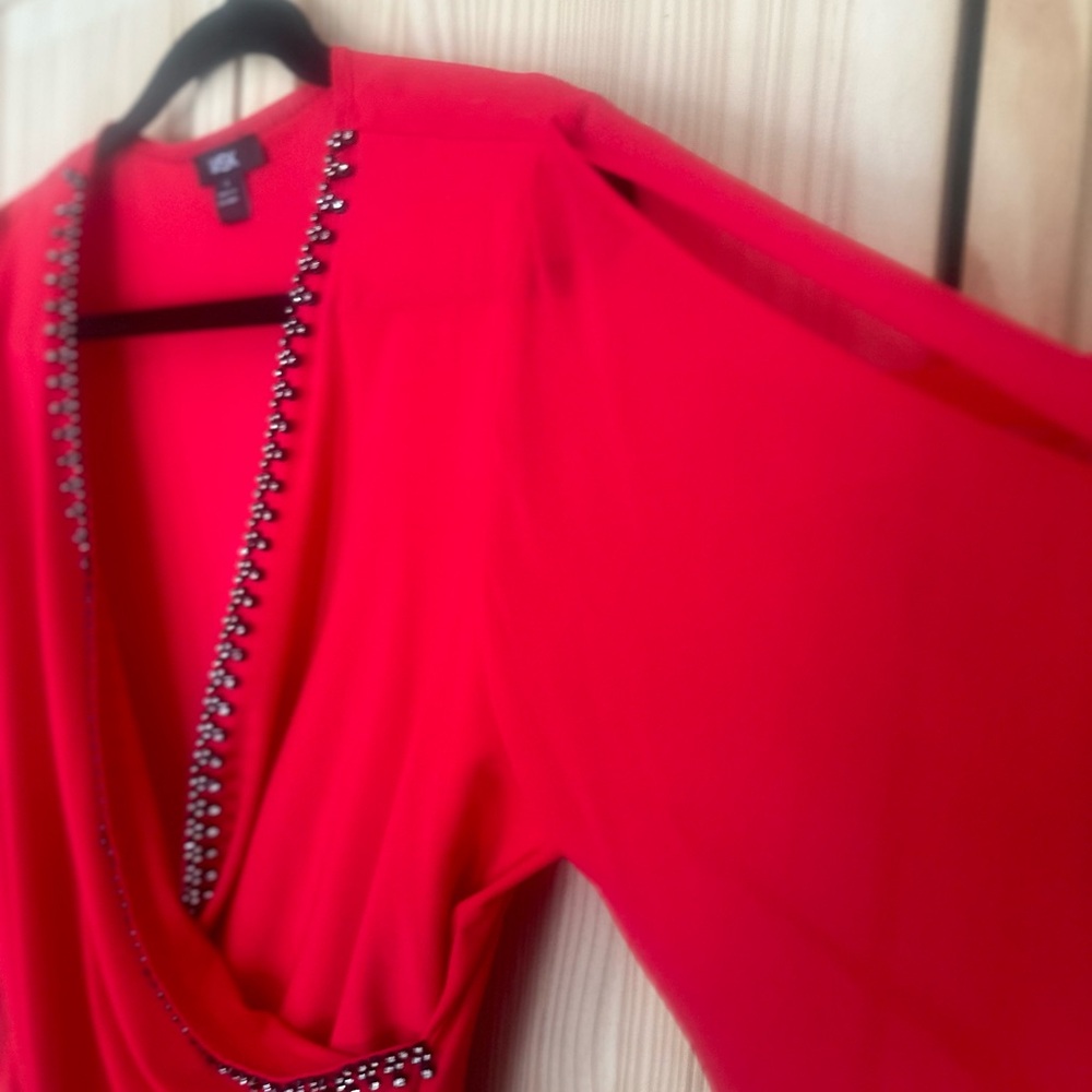MSK Vibrant Red Embellished Blouse with peek-a-boo sleeves a very festive top - Picture 4 of 6
